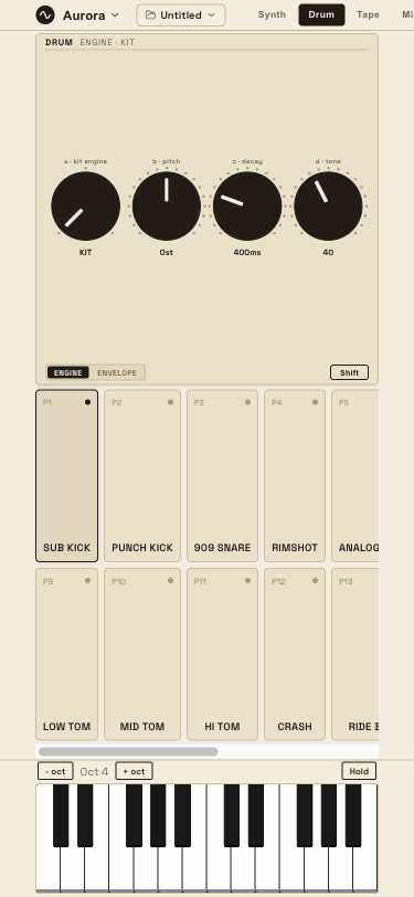 Oscillore's drum studio view with its 16-pad grid.